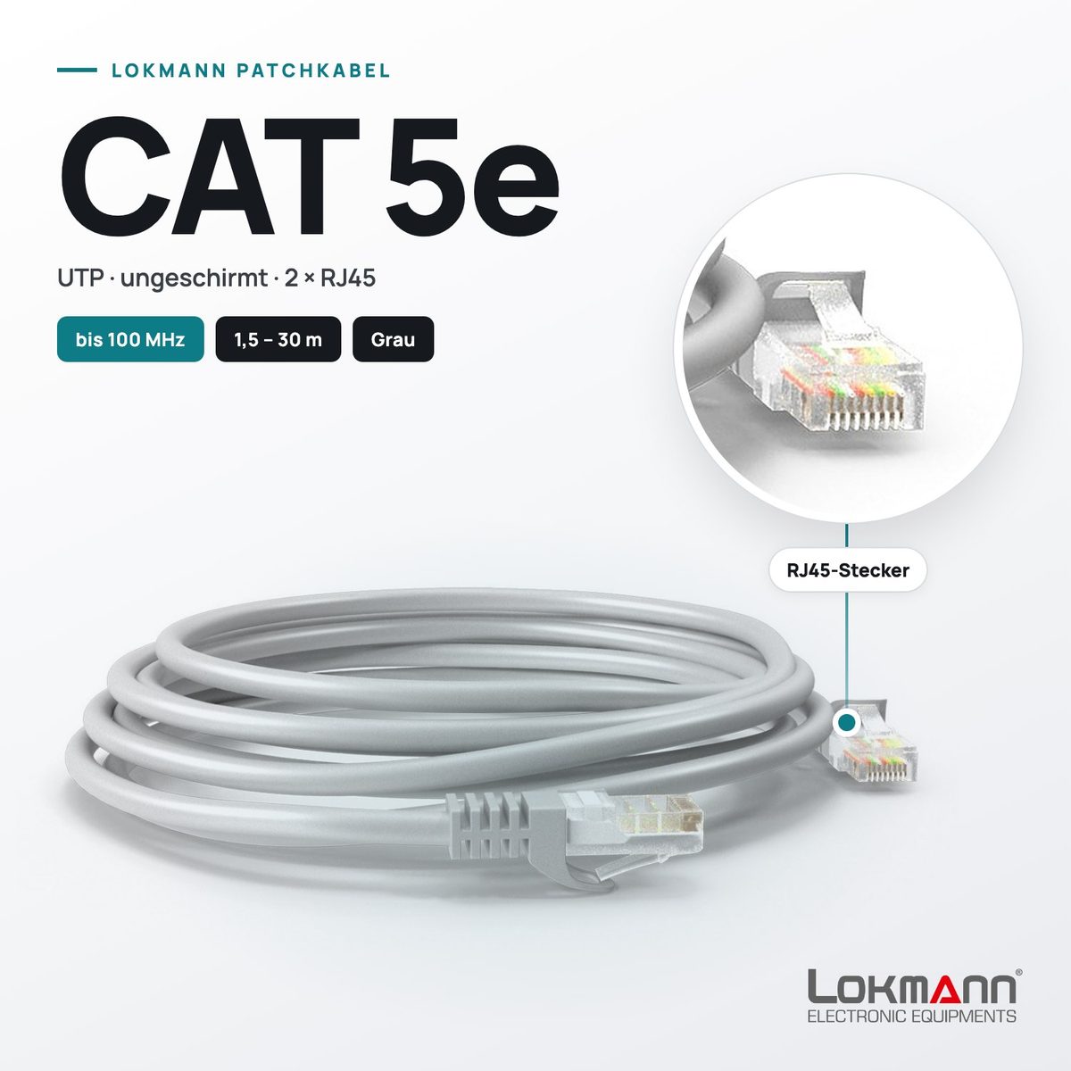 Patchkabel CAT 5e UTP grau mit 2 × RJ45-Steckern
