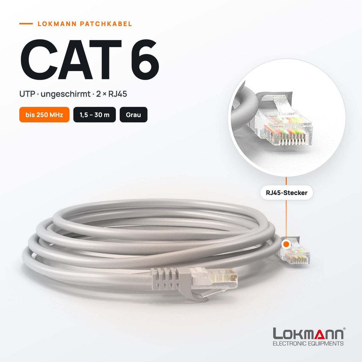 Patchkabel CAT 6 UTP grau mit 2 × RJ45-Steckern