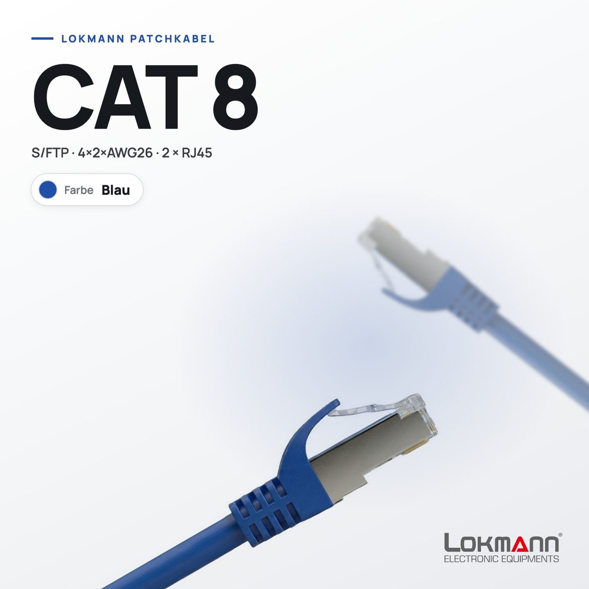 Lokmann Patchkabel CAT 8 S/FTP in Blau mit geschirmten RJ45-Steckern