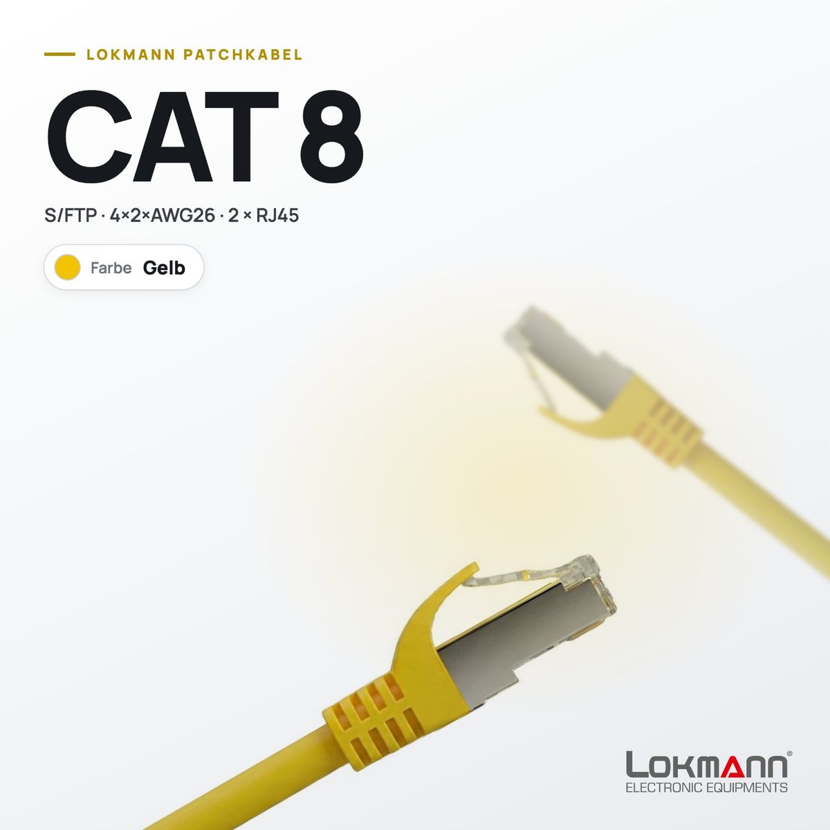 Lokmann Patchkabel CAT 8 S/FTP in Gelb mit geschirmten RJ45-Steckern