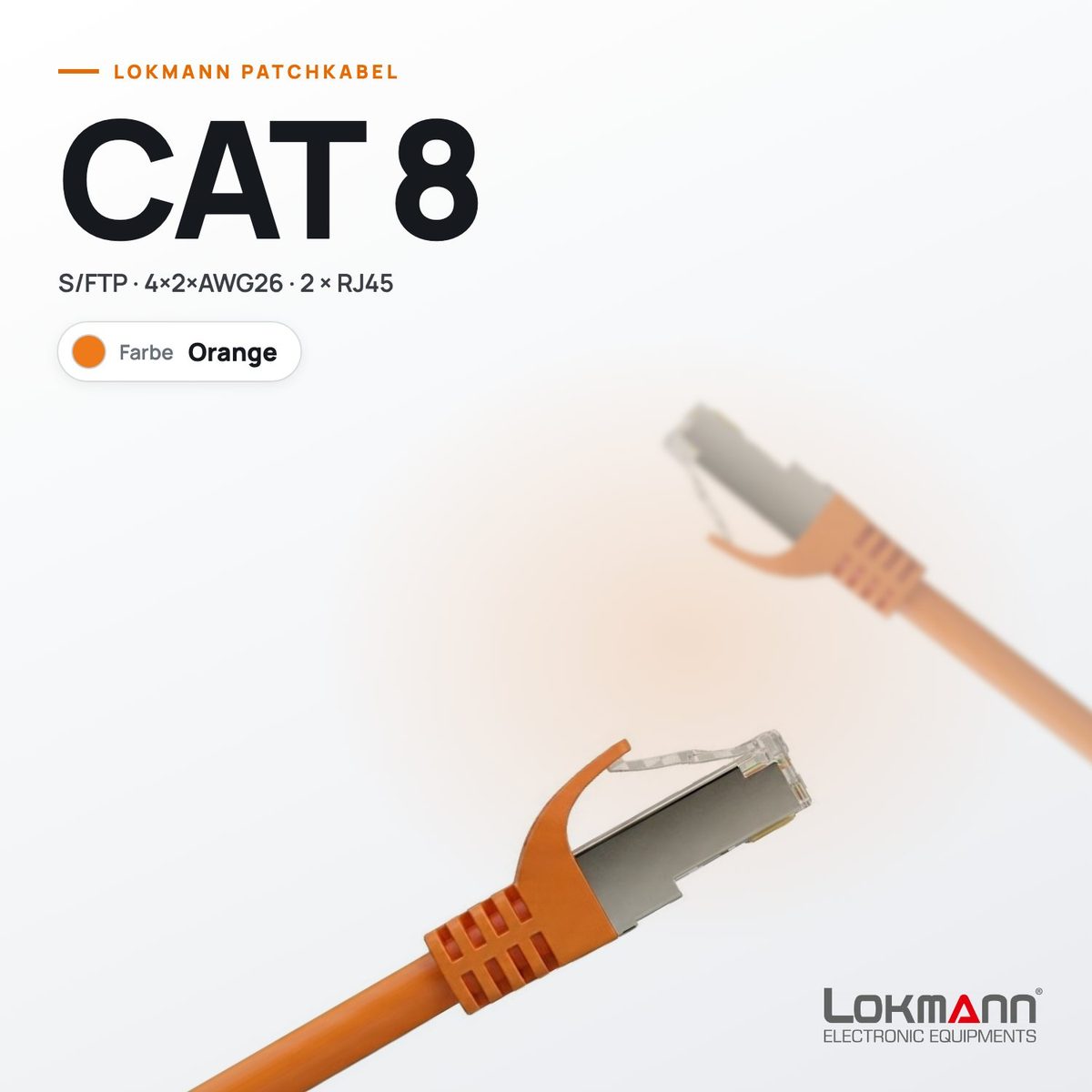 Lokmann Patchkabel CAT 8 S/FTP in Orange mit geschirmten RJ45-Steckern