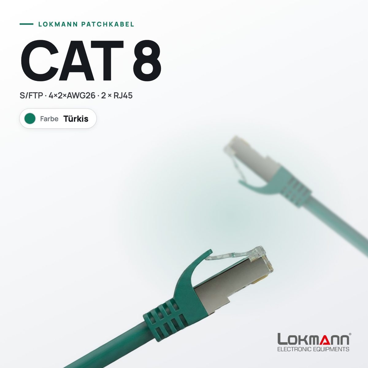 Lokmann Patchkabel CAT 8 S/FTP in Türkis mit geschirmten RJ45-Steckern