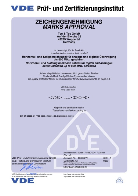VDE-Zeichengenehmigung Ausweis-Nr. 40062275 für Tec & Tec GmbH