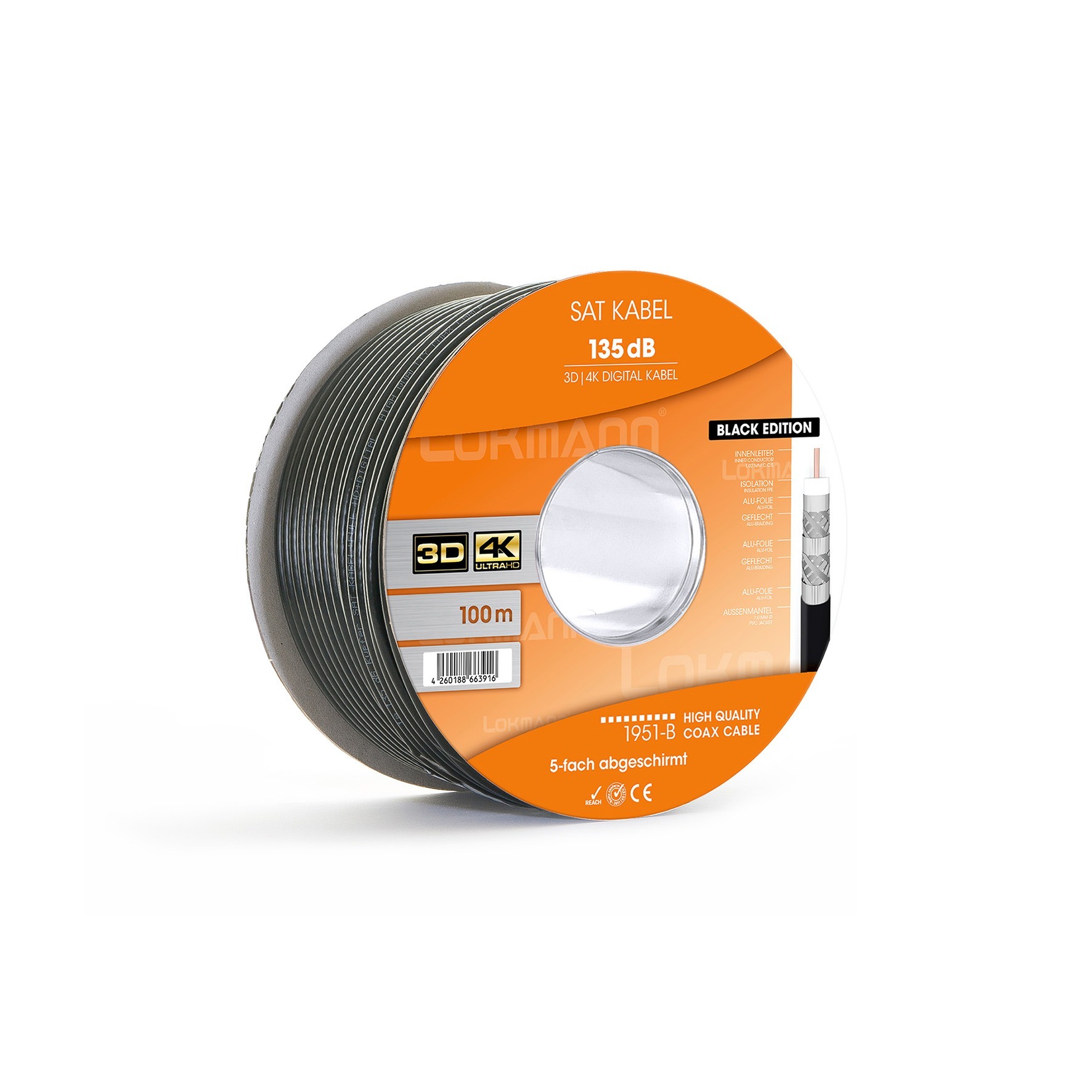 Lokmann 135dB Black 5-fach geschirmtes CCS-Koaxialkabel, schwarz, auf Spule