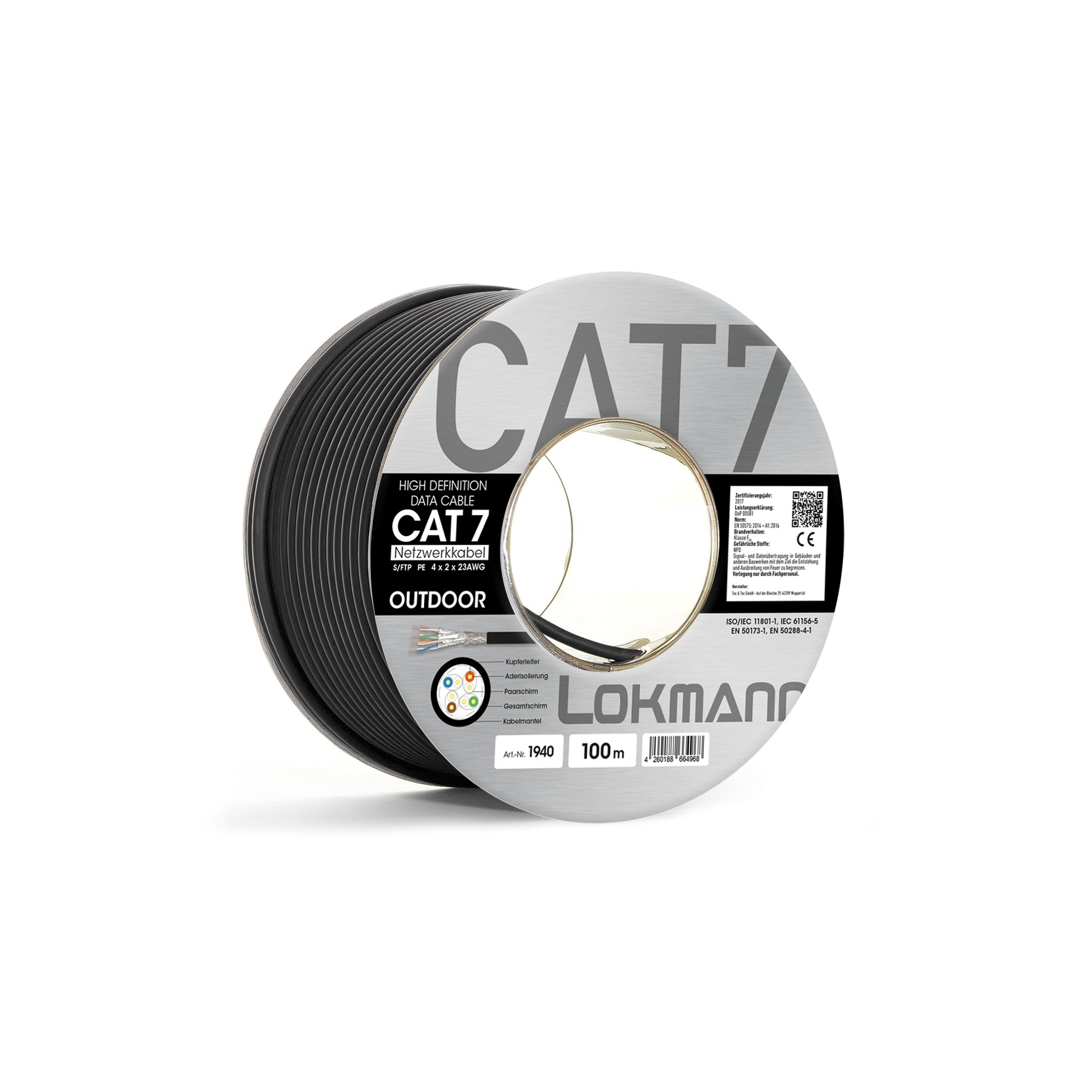 Lokmann CAT 7 Outdoor Netzwerkkabel S/FTP 23AWG, schwarz, auf 100-m-Spule