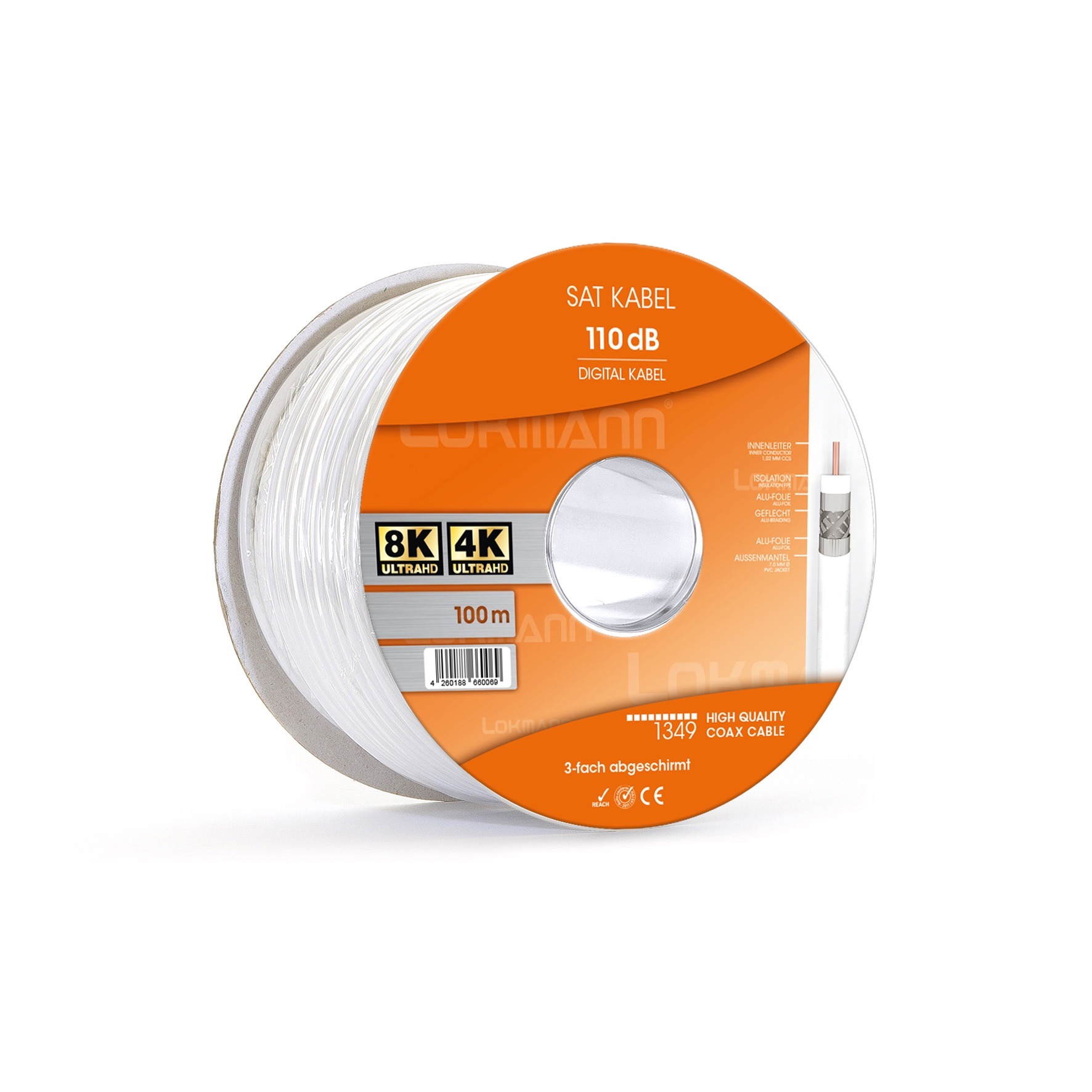 Lokmann 110dB 3-fach geschirmtes CCS-Koaxialkabel, weiß, auf Spule