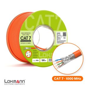 Lokmann CAT 7 Netzwerkkabel S/FTP 23AWG auf der Spule, daneben der Kabelschnitt mit 4 geschirmten Adernpaaren, Geflecht und Mantel in orange