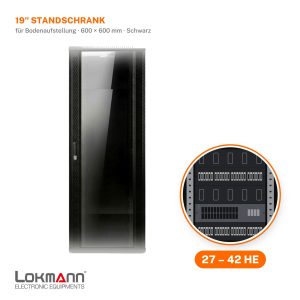 Lokmann 19 Zoll Netzwerkschrank Standmontage für Bodenaufstellung, 600 × 600 mm, Schwarz, in 27, 37 und 42 HE