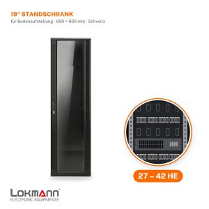 Lokmann 19 Zoll Netzwerkschrank Standmontage für Bodenaufstellung mit Glastür, Schwarz, 600 × 600 mm – erhältlich in 27, 37 und 42 HE