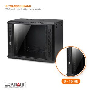 Lokmann 19 Zoll Netzwerkschrank Wandmontage mit ESG-Glastür, abschließbar, in 6, 9, 12 und 15 HE – Schwarz und Grau