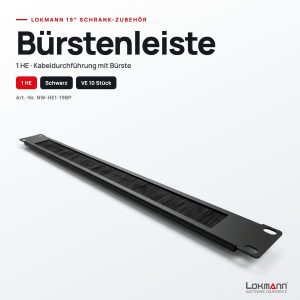 Lokmann 1 HE 19 Zoll Kabeldurchführung mit Bürstenleiste, Schwarz